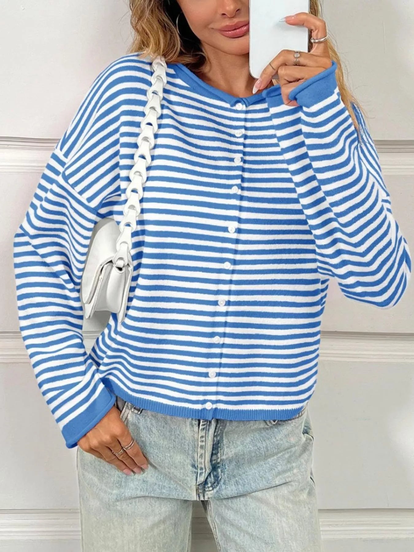 Striped Button-Down Knit Cardigan OutfitFlow