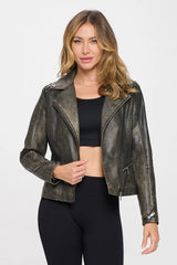 Coalition LA Studded Classic Moto Faux Leather Jacket Brown Trendsi
