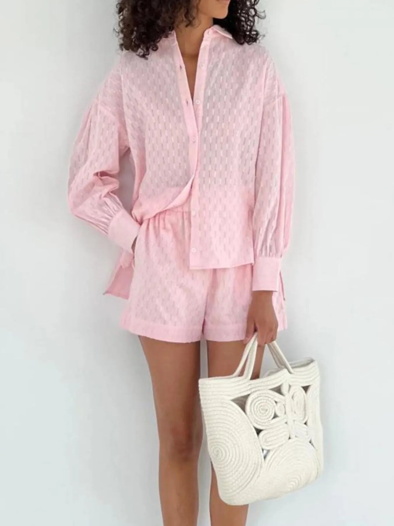 Textured Button-Up Shirt and Shorts Set Blush Pink OutfitFlow