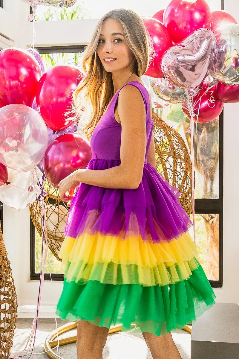 BiBi Mardi Gras Color Block Layered Mesh Tiered Dress OutfitFlow