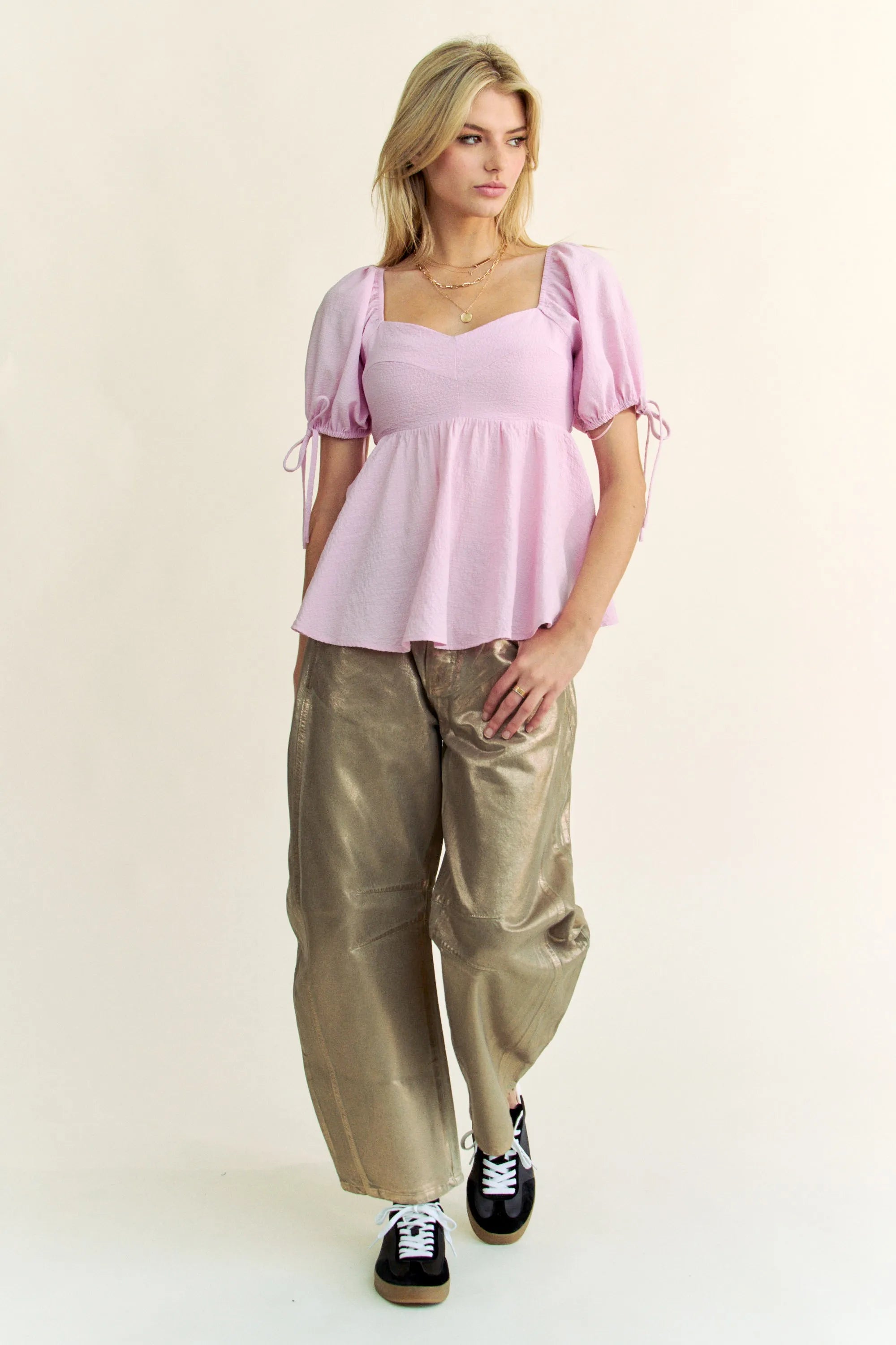 Davi & Dani Solid Elastic Peplum Puffed Sleeves Blouse OutfitFlow