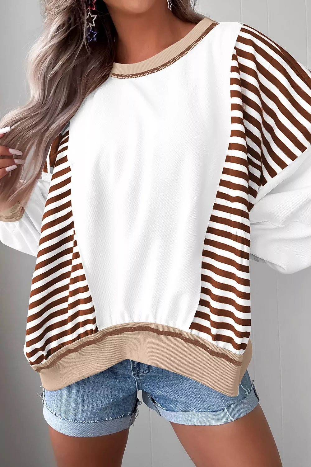 Stripe Colorblock Patchwork Contrast Stitching Sweatshirt White OutfitFlow