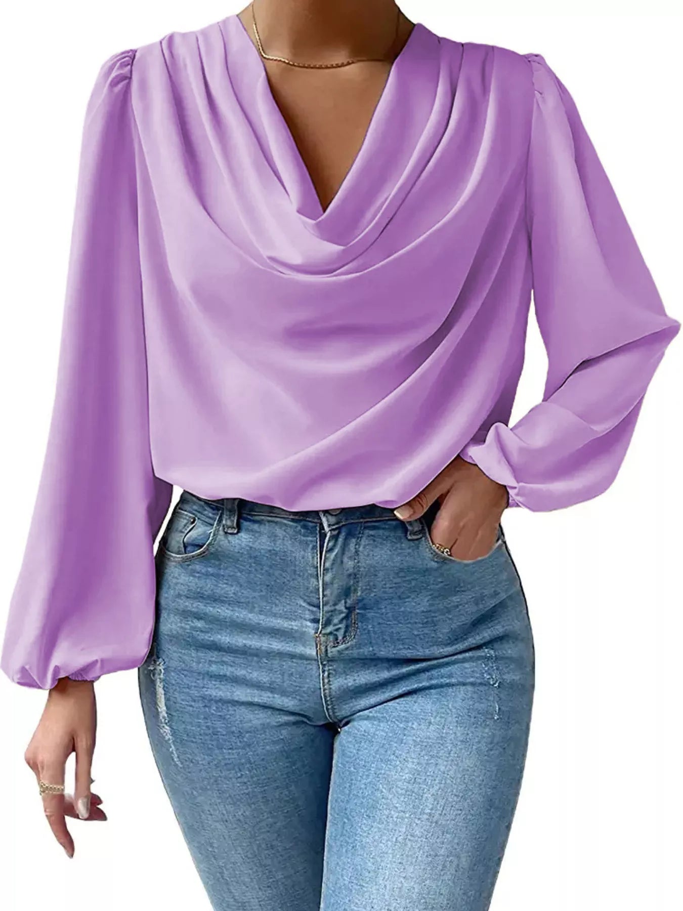 Full Size Cowl Neck Balloon Sleeve Blouse Plus Size OutfitFlow