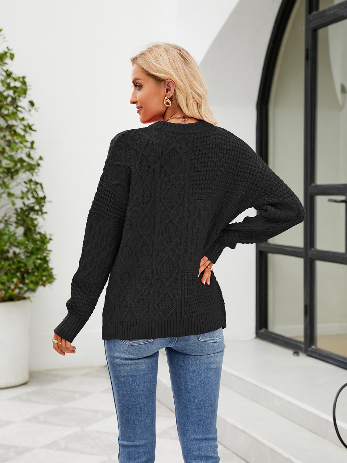 Round Neck Dropped Shoulder Sweater OutfitFlow
