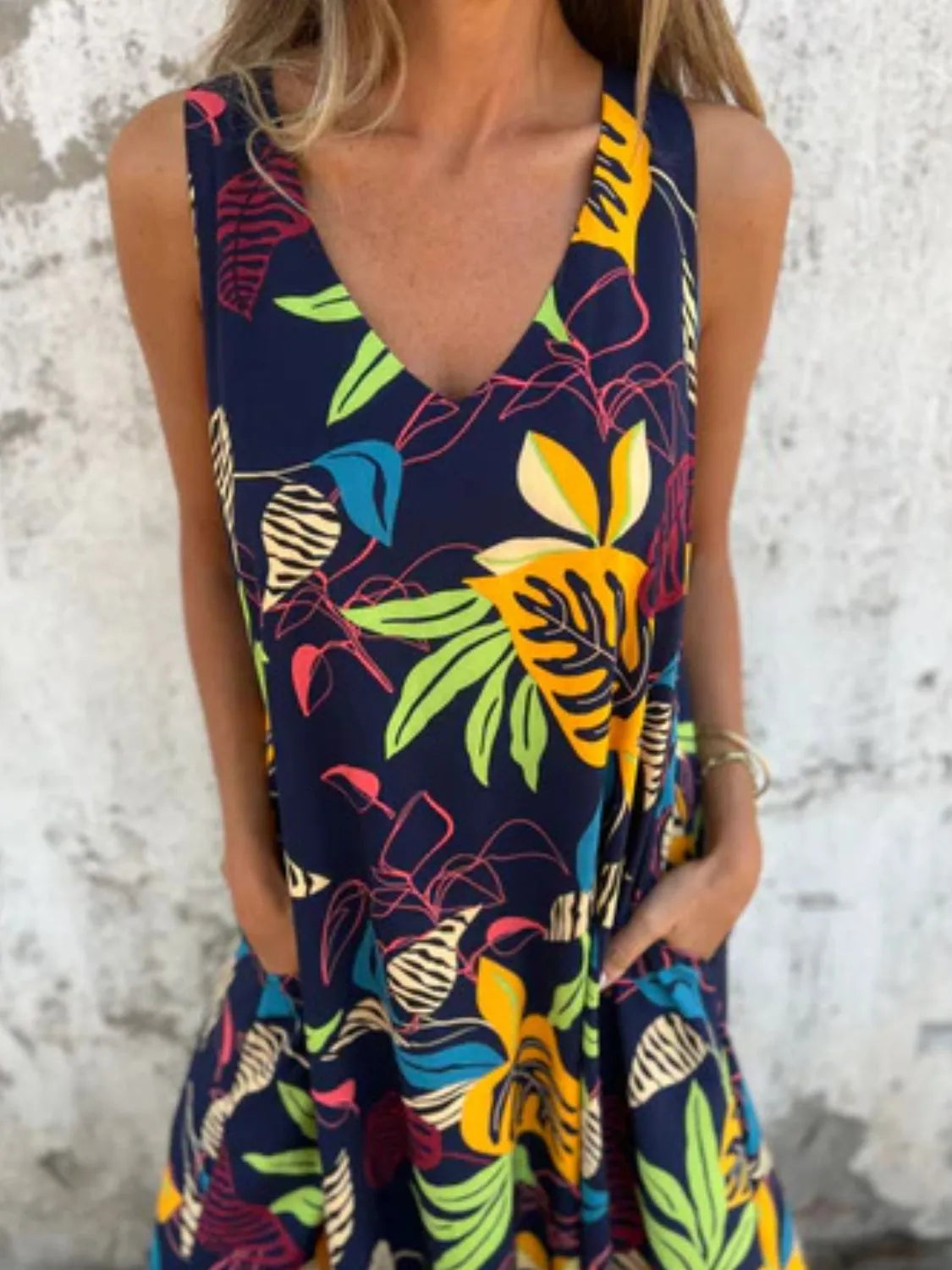 Full Size Printed V-Neck Sleeveless Dress Plus Size OutfitFlow