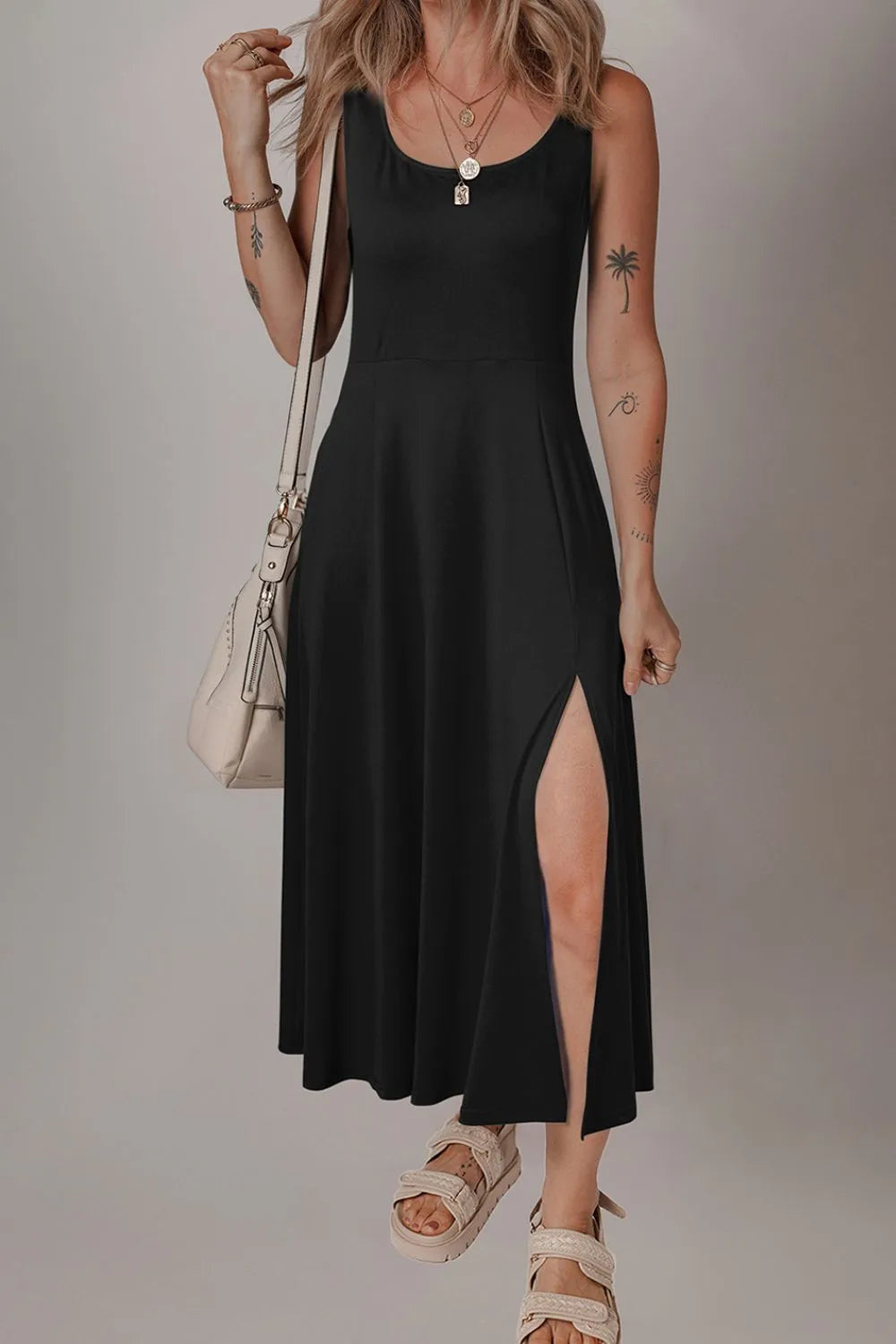 Side Slit Scoop Neck Wide Strap Dress OutfitFlow
