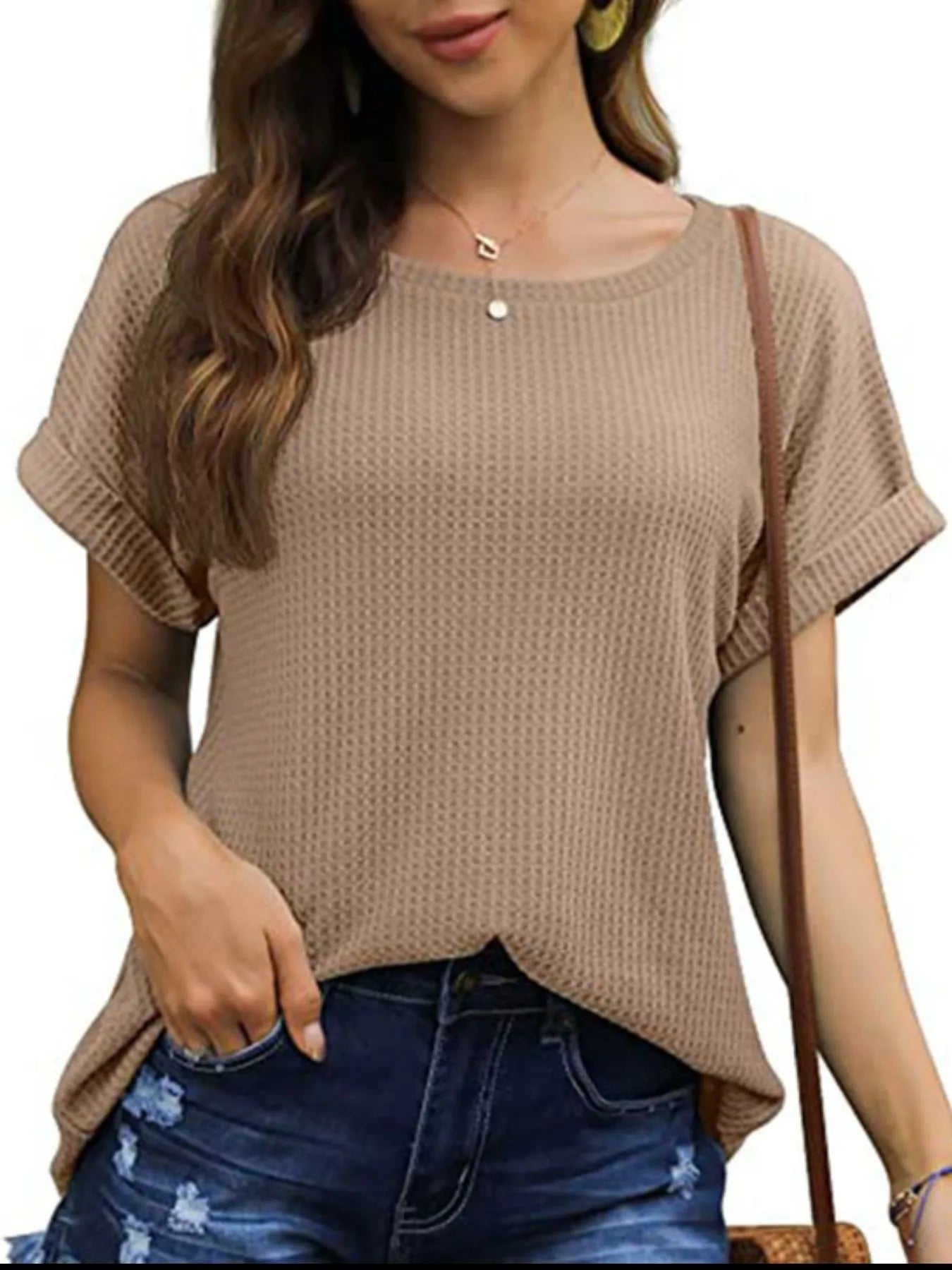Full Size Waffle Knit Relaxed Fit T-Shirt Plus Size Khaki OutfitFlow