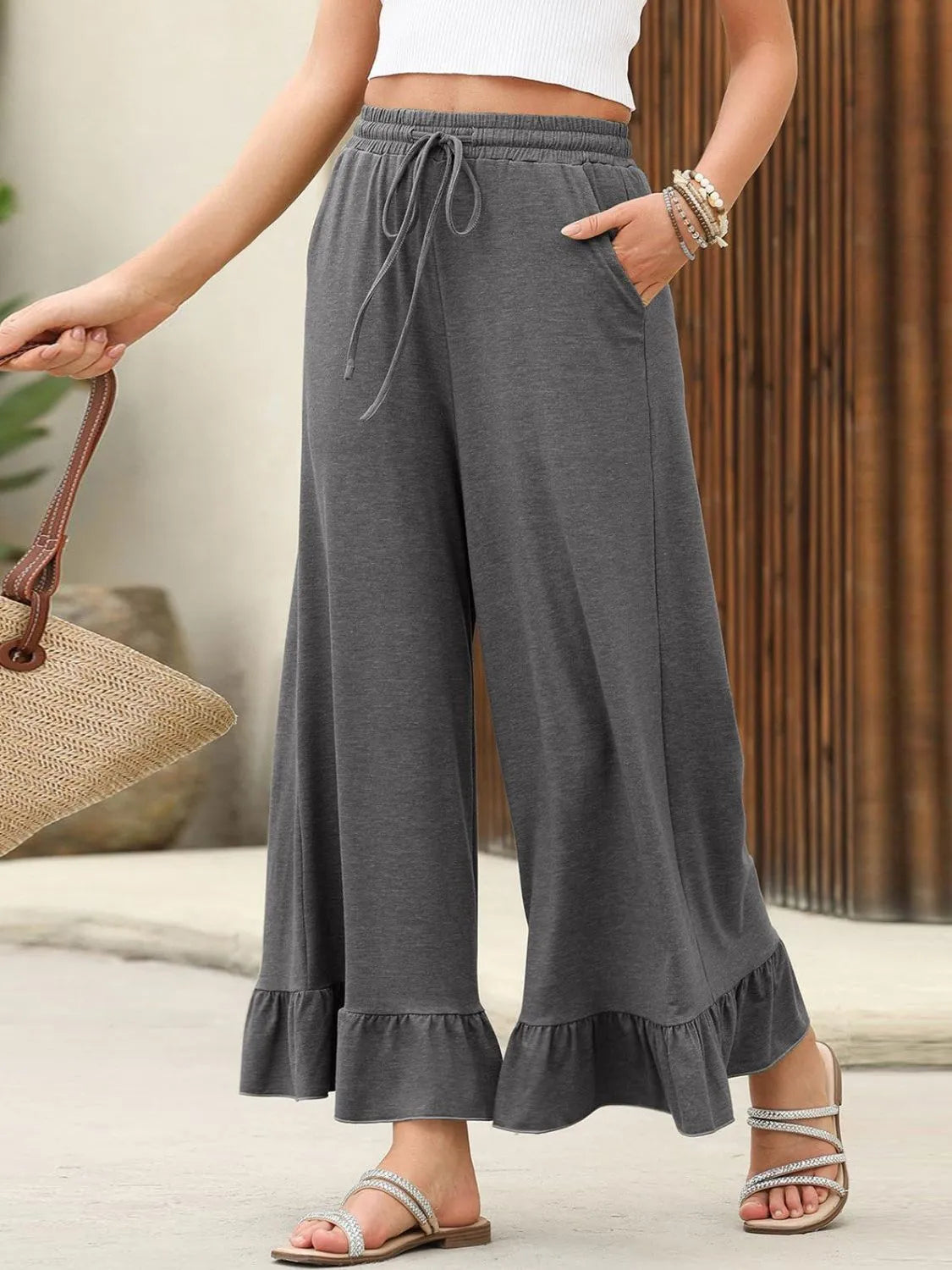 Ruffled Hem Wide Leg Pants OutfitFlow