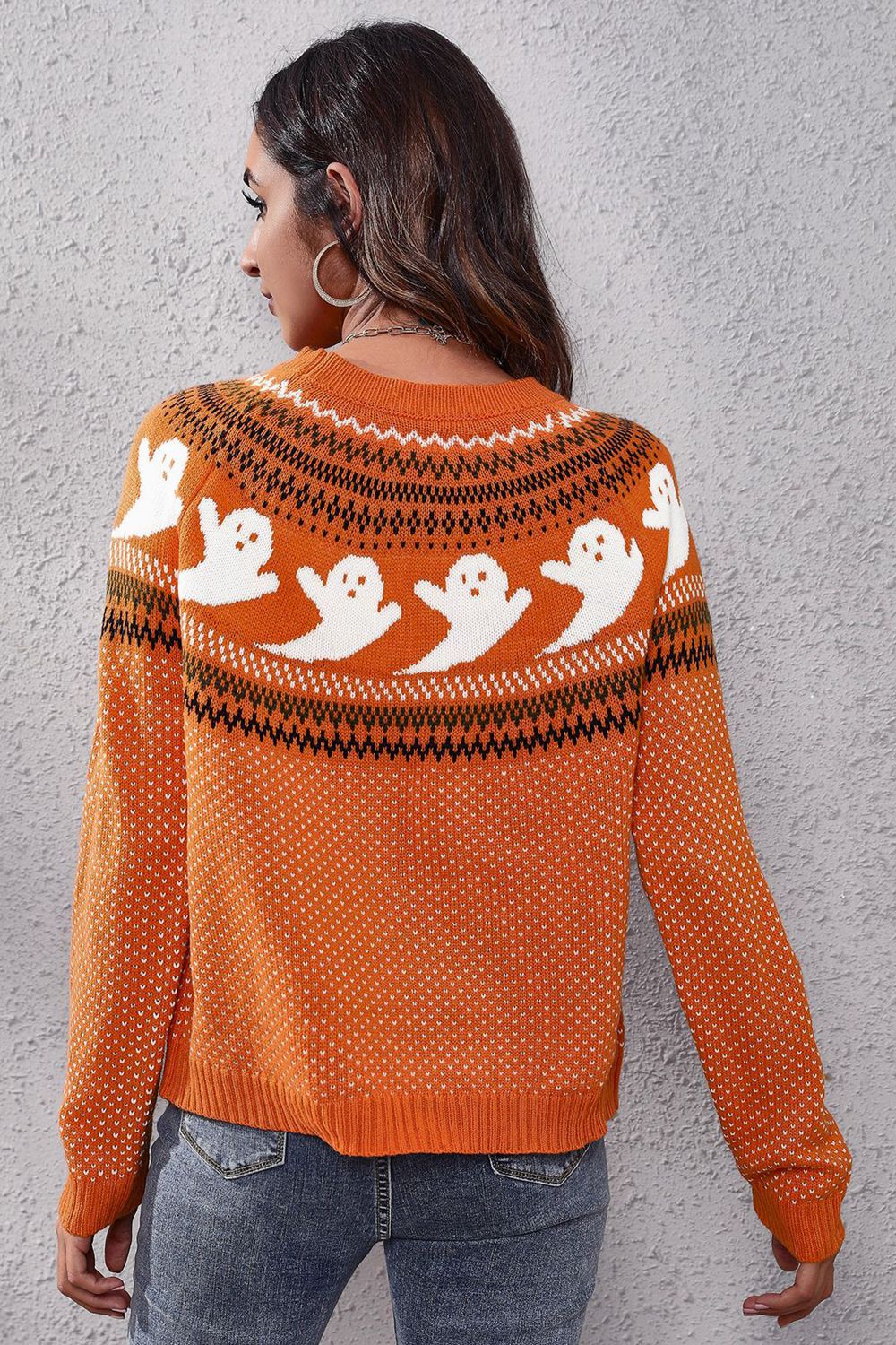 Ghost Pattern Round Neck Long Sleeve Sweater OutfitFlow