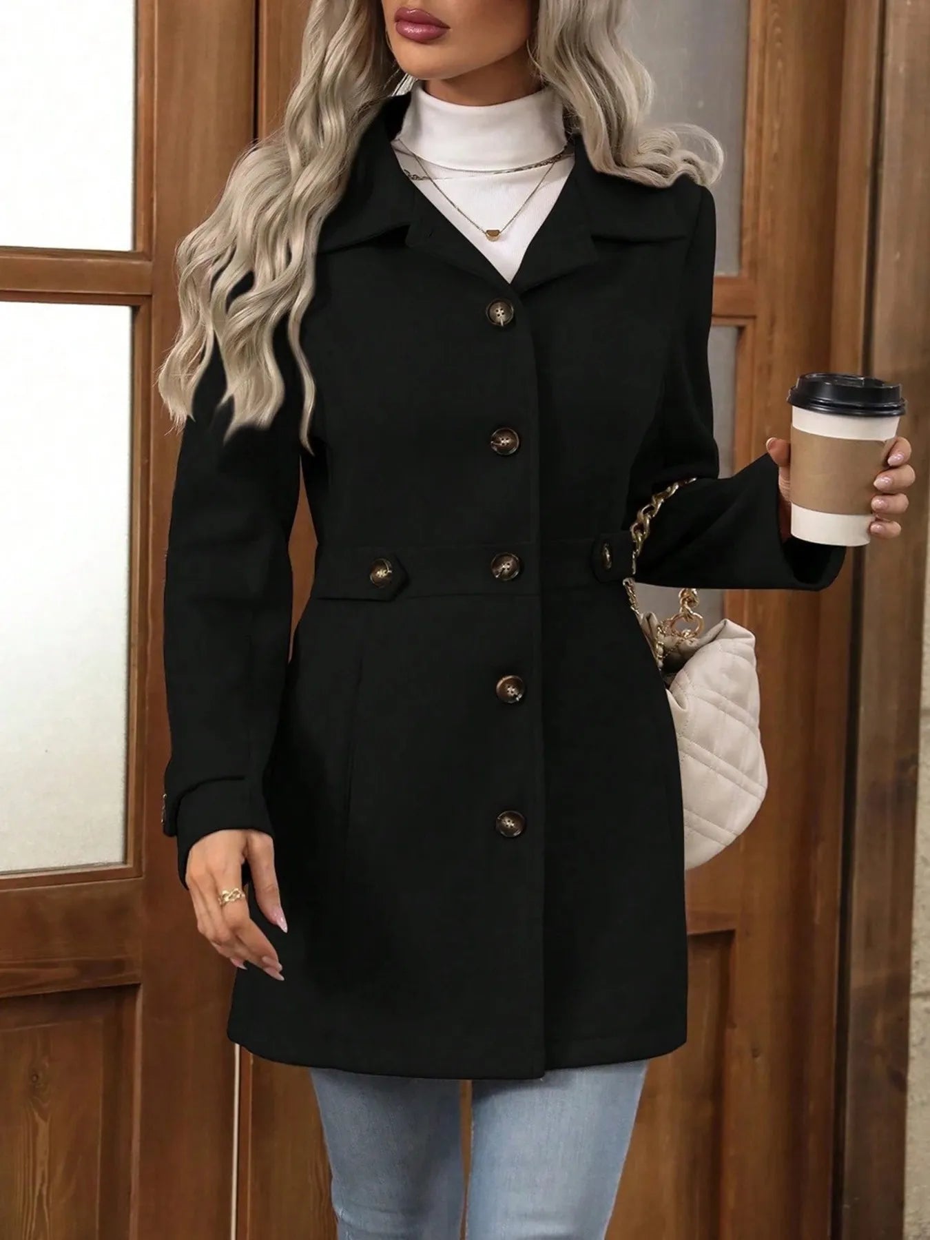 Button Up Long Sleeve Coat Black Trendsi