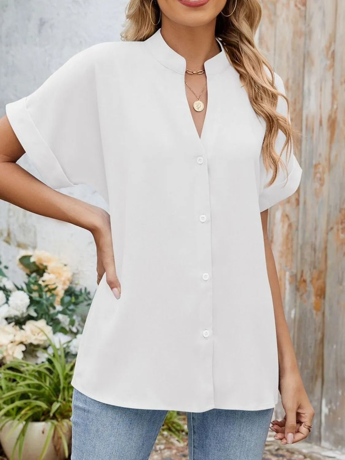 Notched Short Sleeve Blouse OutfitFlow