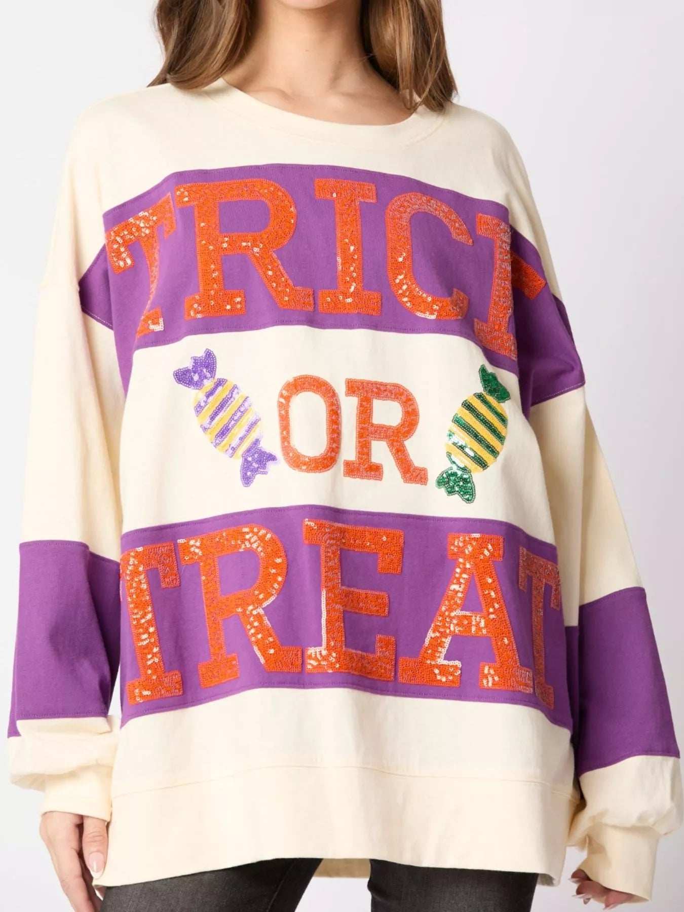 Halloween Trick Or Treat Sequin Sweatshirt White OutfitFlow