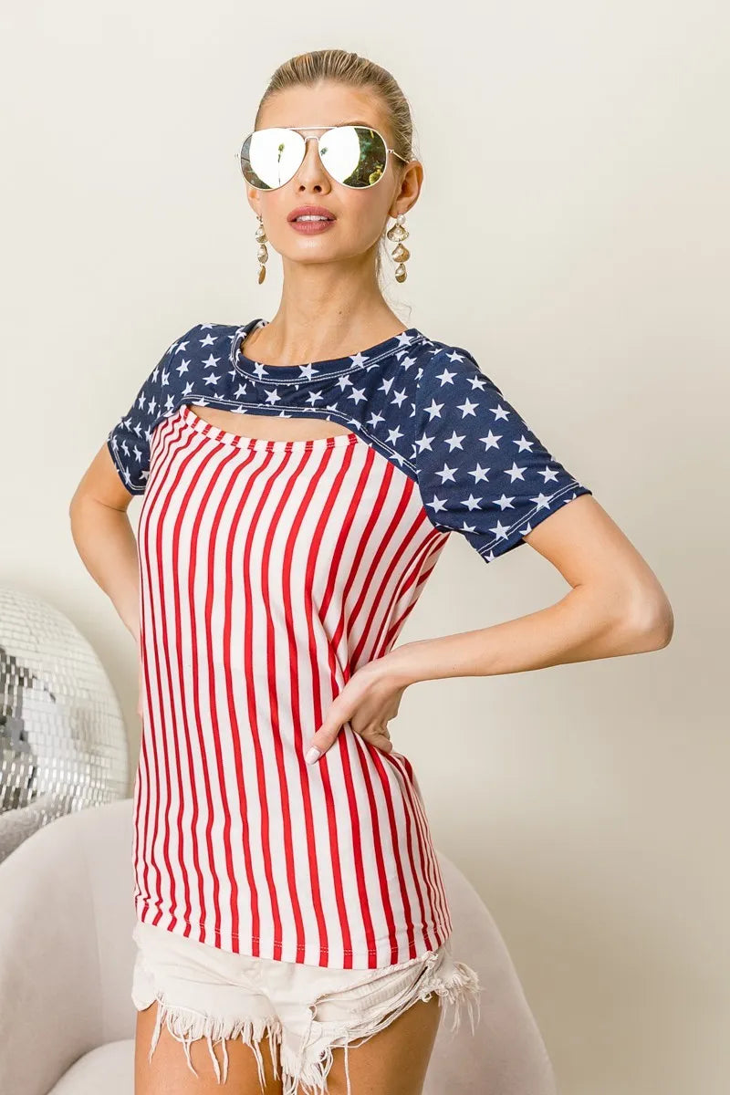 BiBi American Flag Theme Front Cut Out Top OutfitFlow