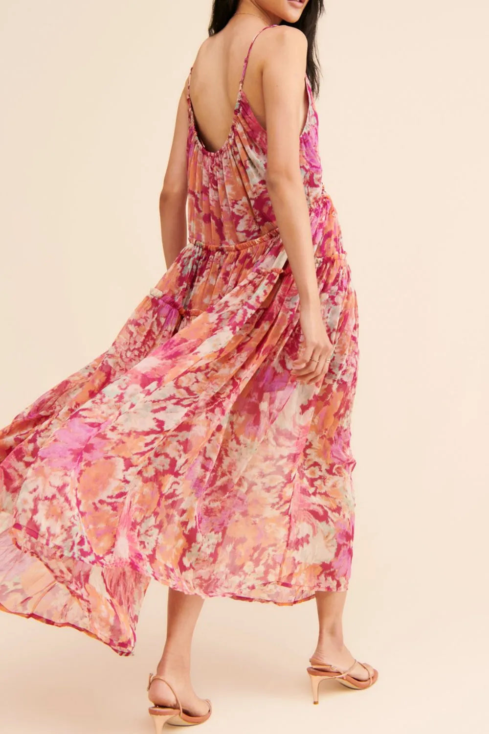 Frill Printed V-Neck Midi Dress OutfitFlow