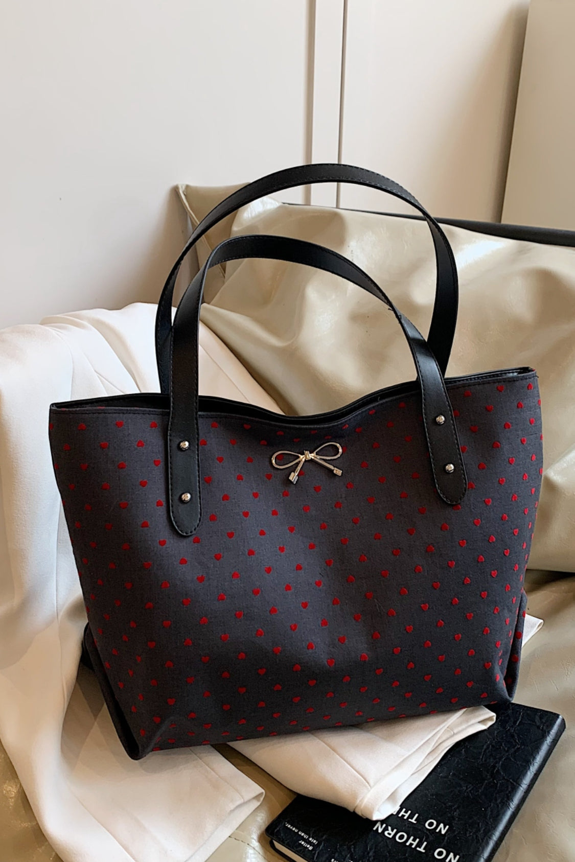 Outfit Flow - Polyester Bow Polka Dot Tote Bag