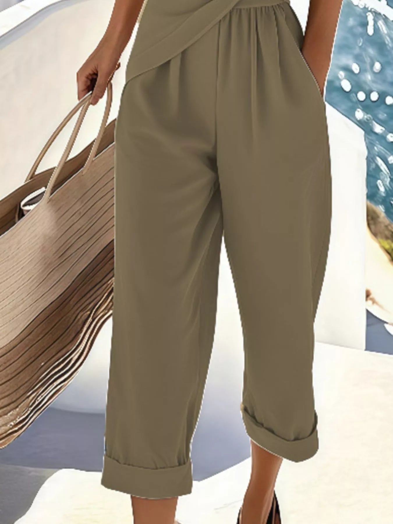 Full Size Surplice Short Sleeve Top and Pants Set Plus Size OutfitFlow