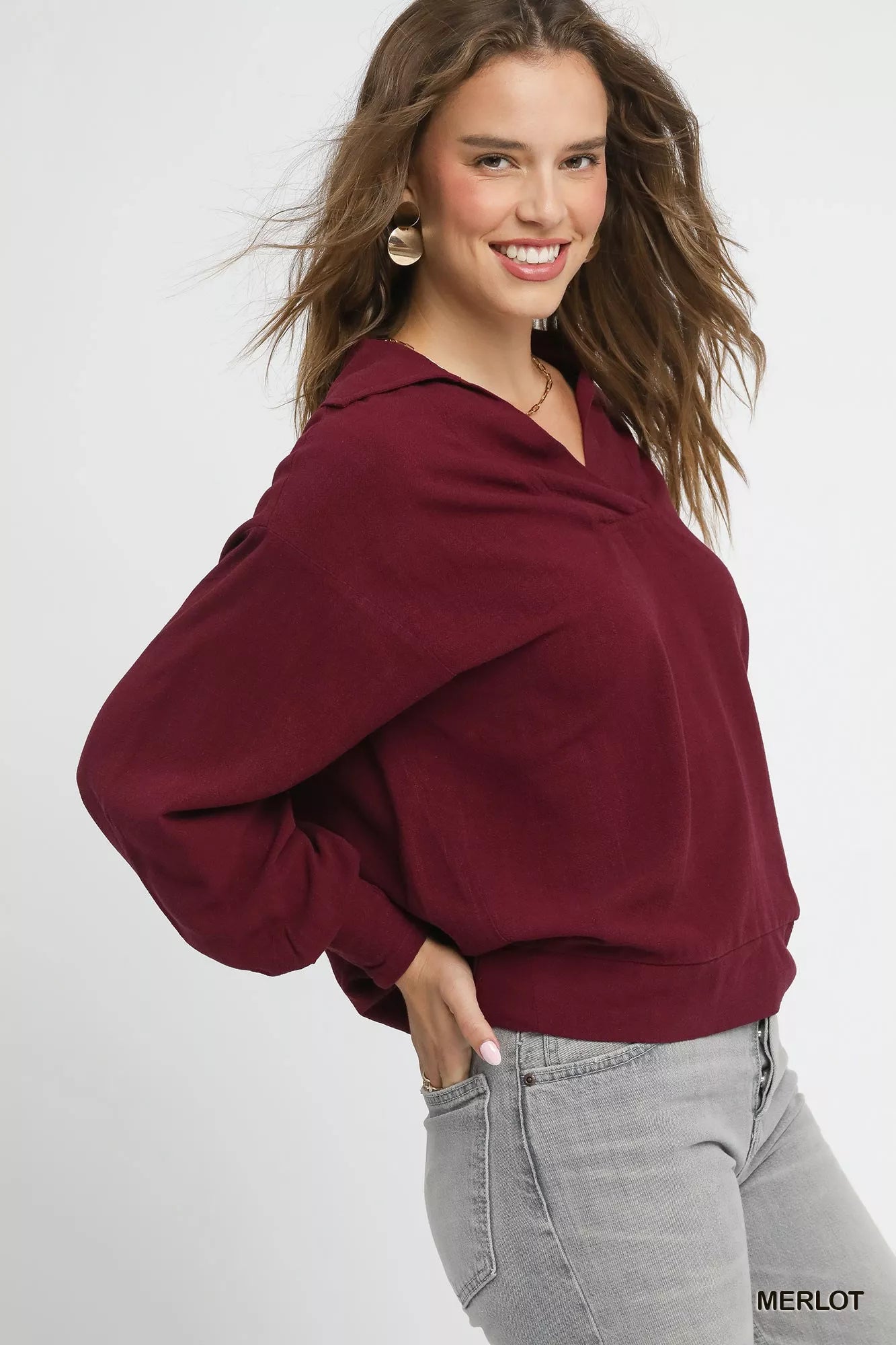 Umgee Linen Long Sleeves Elastic Hem Blouse OutfitFlow