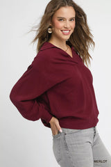 Umgee Linen Long Sleeves Elastic Hem Blouse OutfitFlow