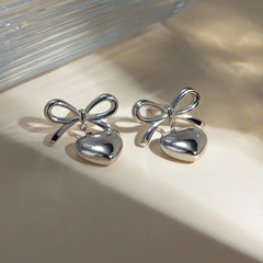 Stainless Steel Bow & Heart Drop Earrings OutfitFlow