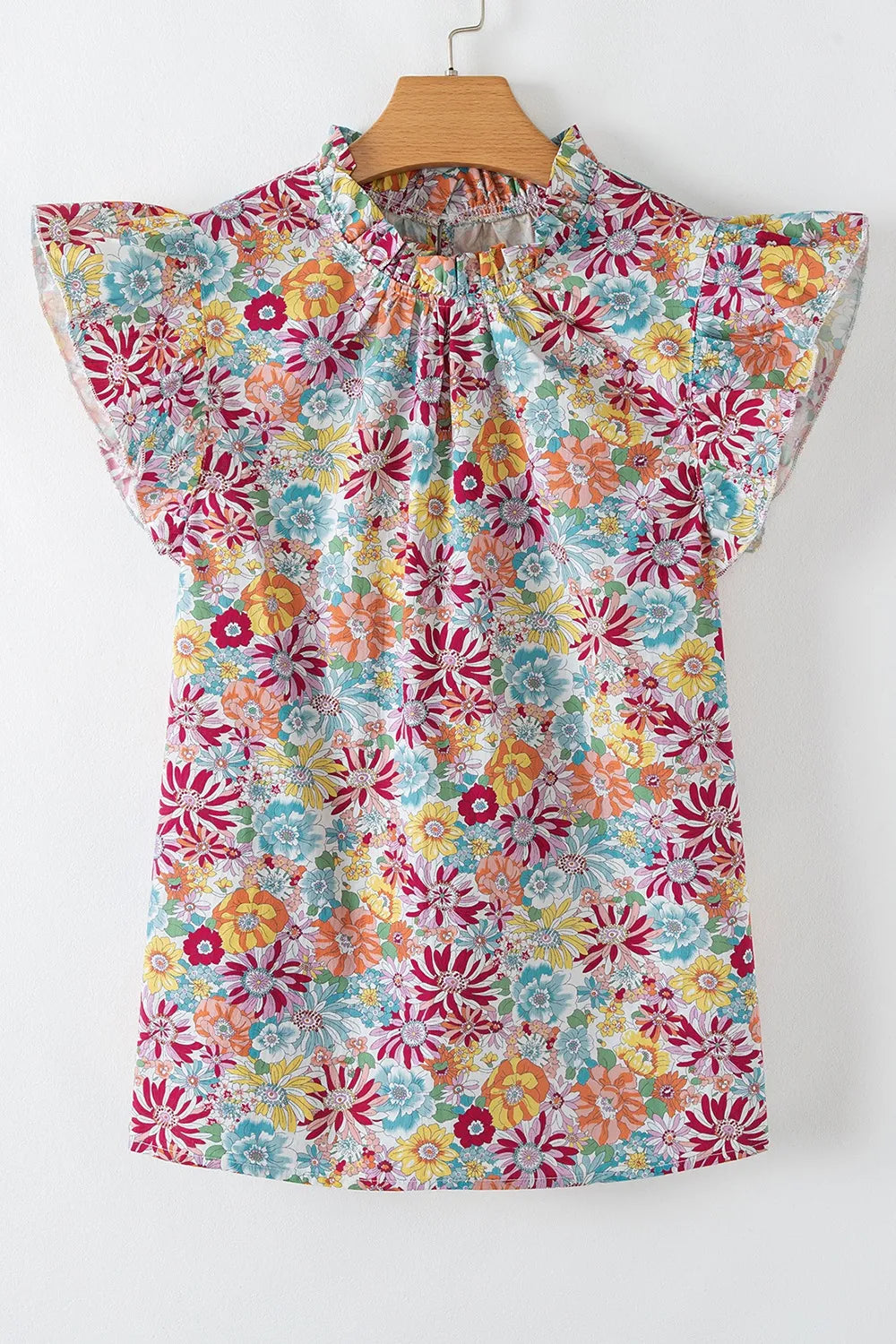Multicolour Floral Pleated Detail Flutter Sleeve Blouse OutfitFlow