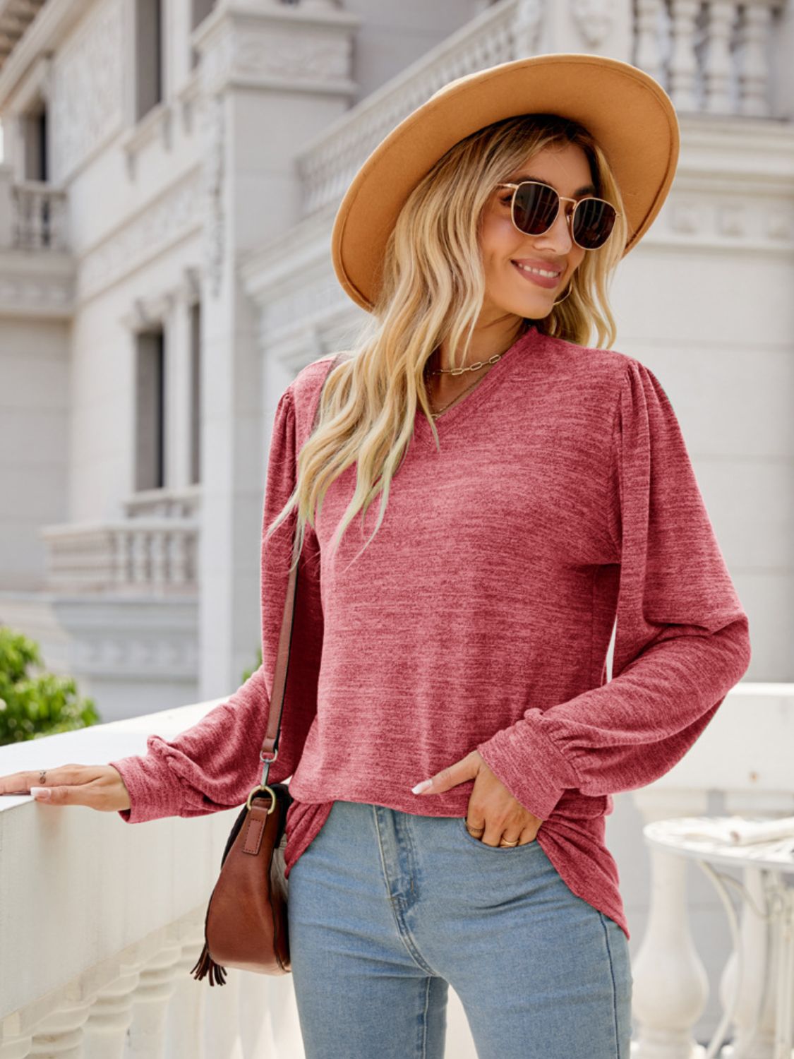 Outfit Flow - Heathered V-Neck Long Sleeve T-Shirt