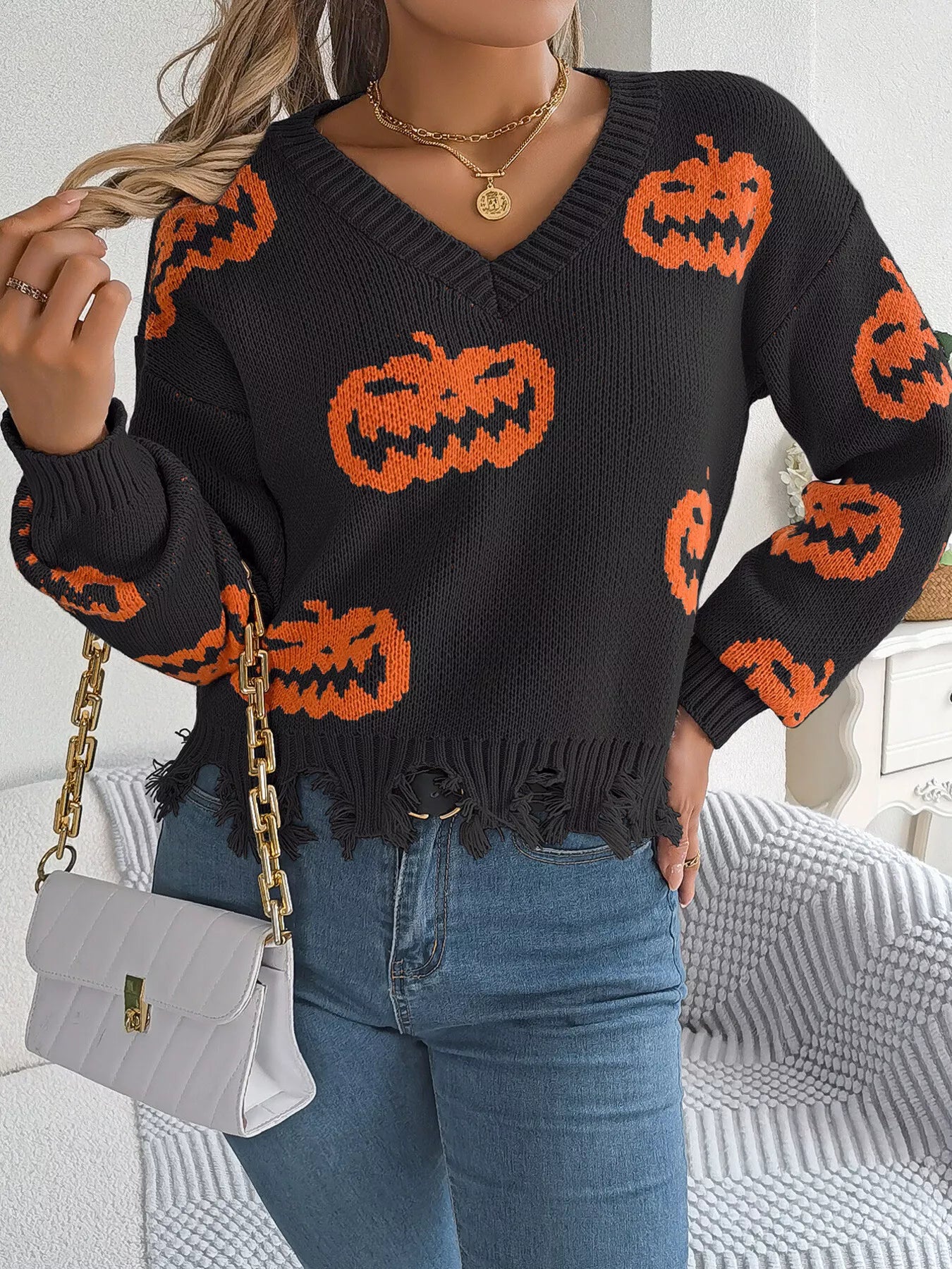 Halloween Pumpkin Pattern Raw Hem V-Neck Sweater OutfitFlow