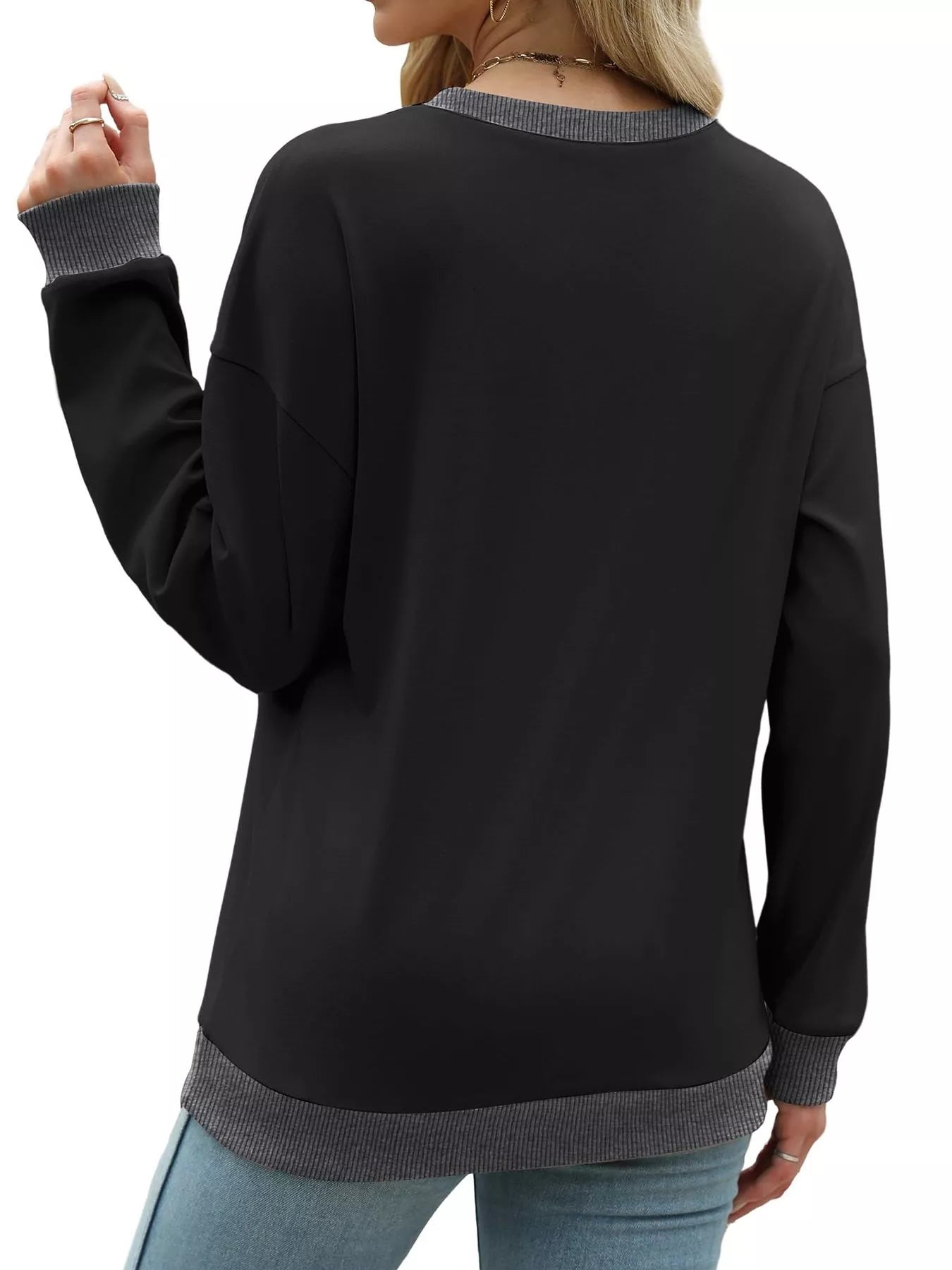 Contrast Trim Crew Neck Casual Sweatshirt OutfitFlow