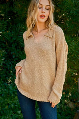 And The Why Textured Basic Collar Neck Sweater Pullover TAN OutfitFlow