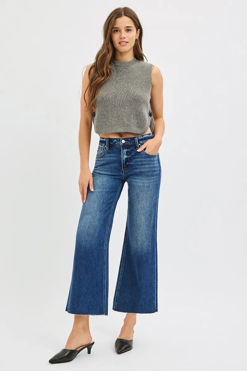 RISEN Full Size Mid Rise Crop Wide Raw Cut Hem Jeans Plus Size Trendsi