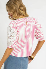 Umgee Striped Lace Puff Sleeve Blouse OutfitFlow