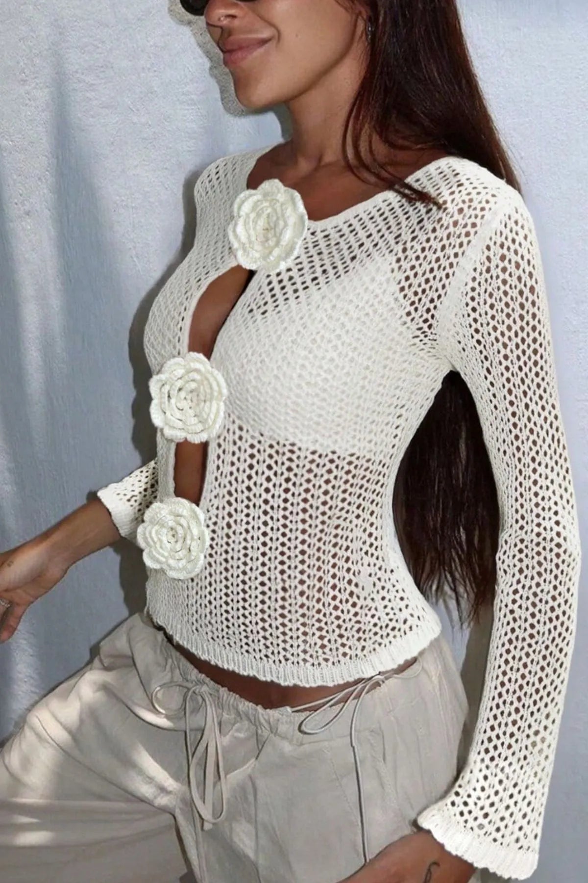 Floral Crochet Cutout Knit Cover Up with Rose Appliques OutfitFlow