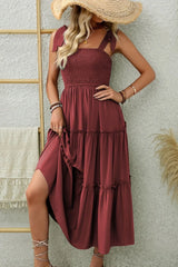 Smocked Tiered Midi Dress with Tie Straps Winered OutfitFlow