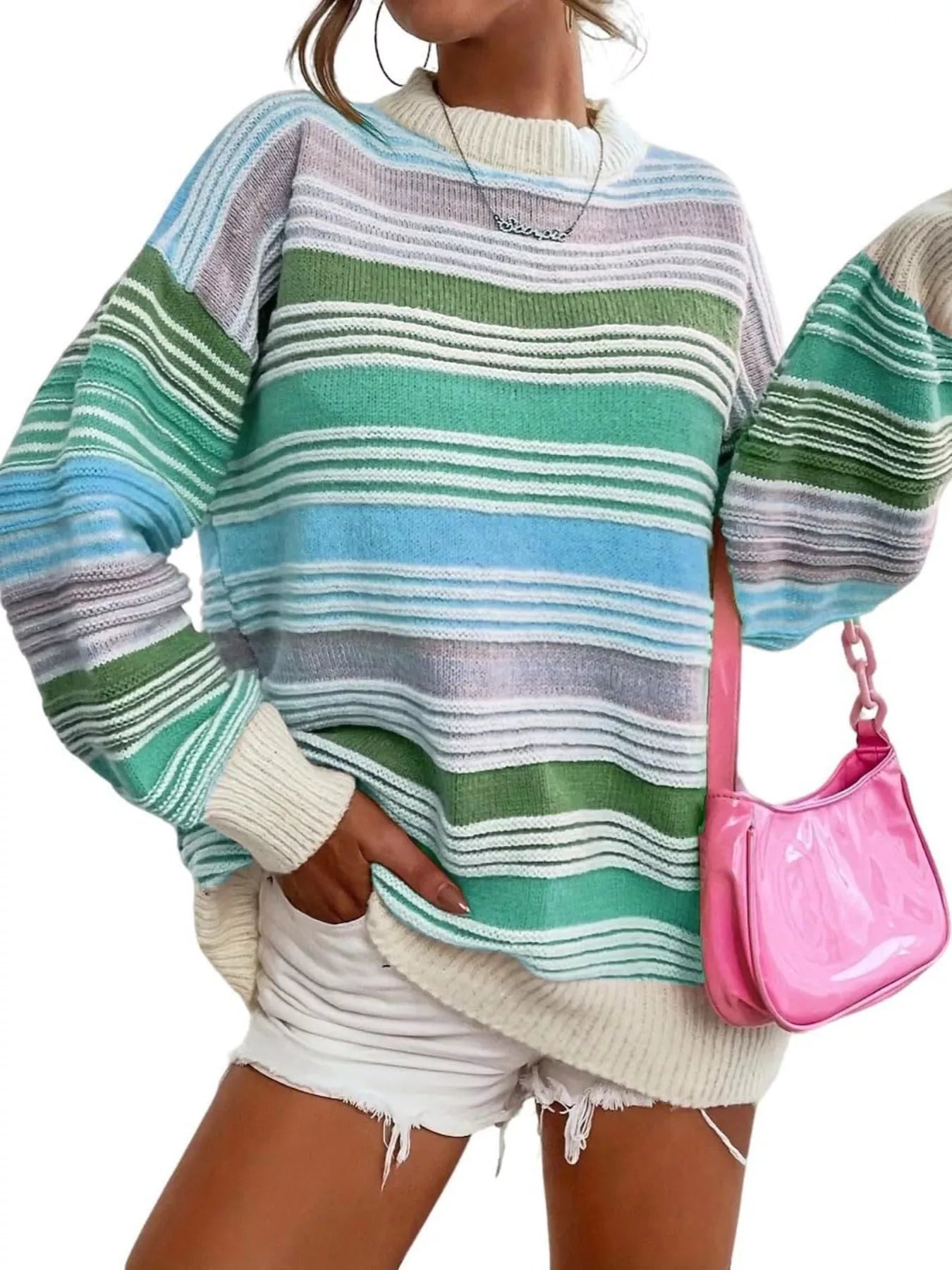 Rainbow Striped Drop Shoulder Oversized Sweater Green OutfitFlow