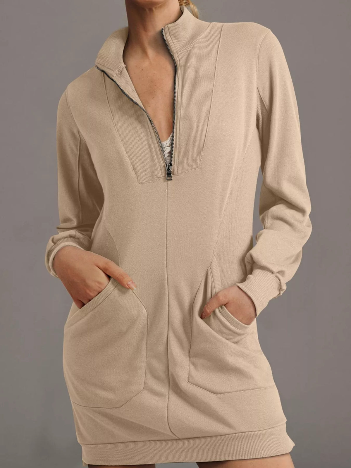 Zip Up Collared Ribbed Patchwork Sweatshirt Dress with Pockets Khaki OutfitFlow