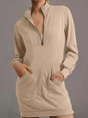 Zip Up Collared Ribbed Patchwork Sweatshirt Dress with Pockets Khaki OutfitFlow