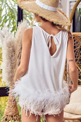 BiBi French Terry Faux Feather Bottom Back Tied Top OutfitFlow