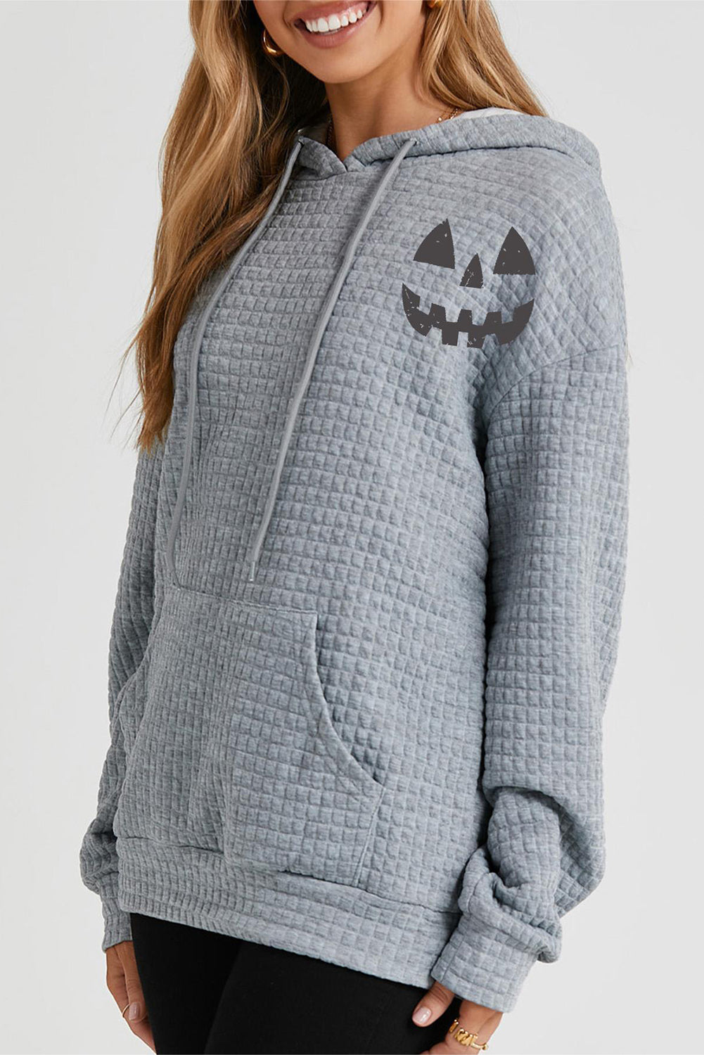 Pumpkin Face Graphic Drawstring Hoodie with Pocket OutfitFlow