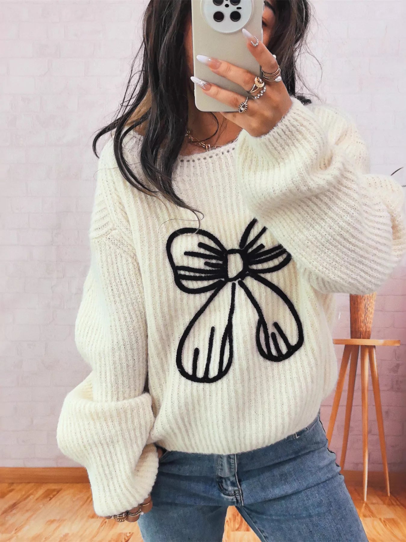 Bow Round Neck Long Sleeve Sweater OutfitFlow