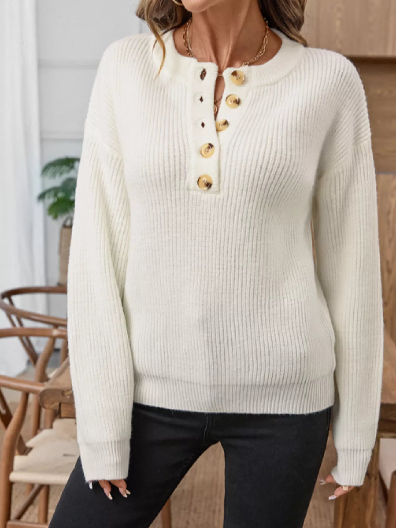 Button Detail Long Sleeve Sweater OutfitFlow