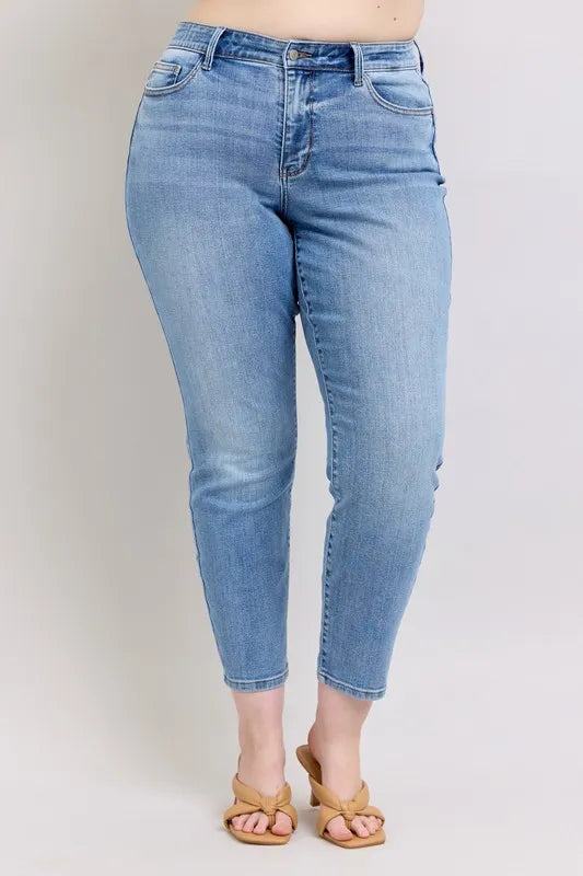 Judy Blue Full Size Mid Rise Vintage Wash Slim Jeans with Cell Phone Pocket Plus Size OutfitFlow
