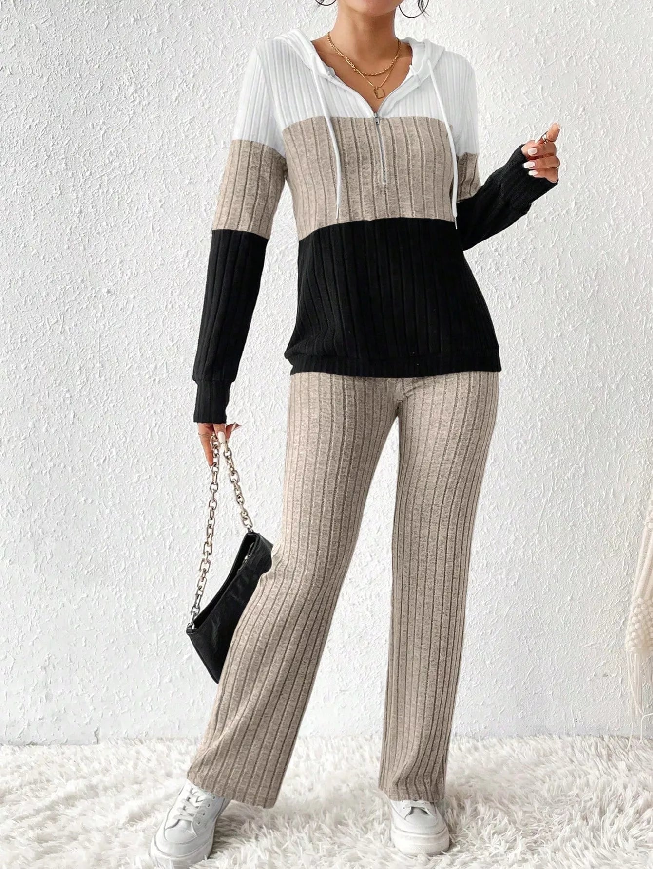 Color Block Half Zip Hooded Top and Pants Set OutfitFlow
