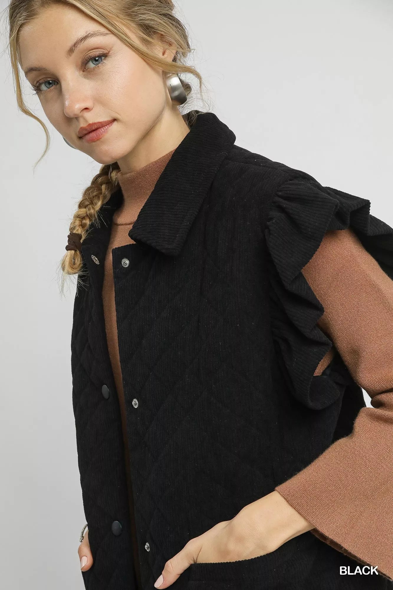 Umgee Corduroy Quilted Ruffle Sleeve Vest OutfitFlow