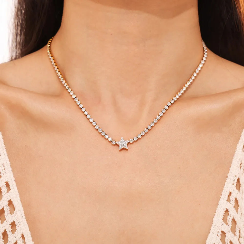 Titanium Steel Zircon Star Necklace Gold One Size OutfitFlow