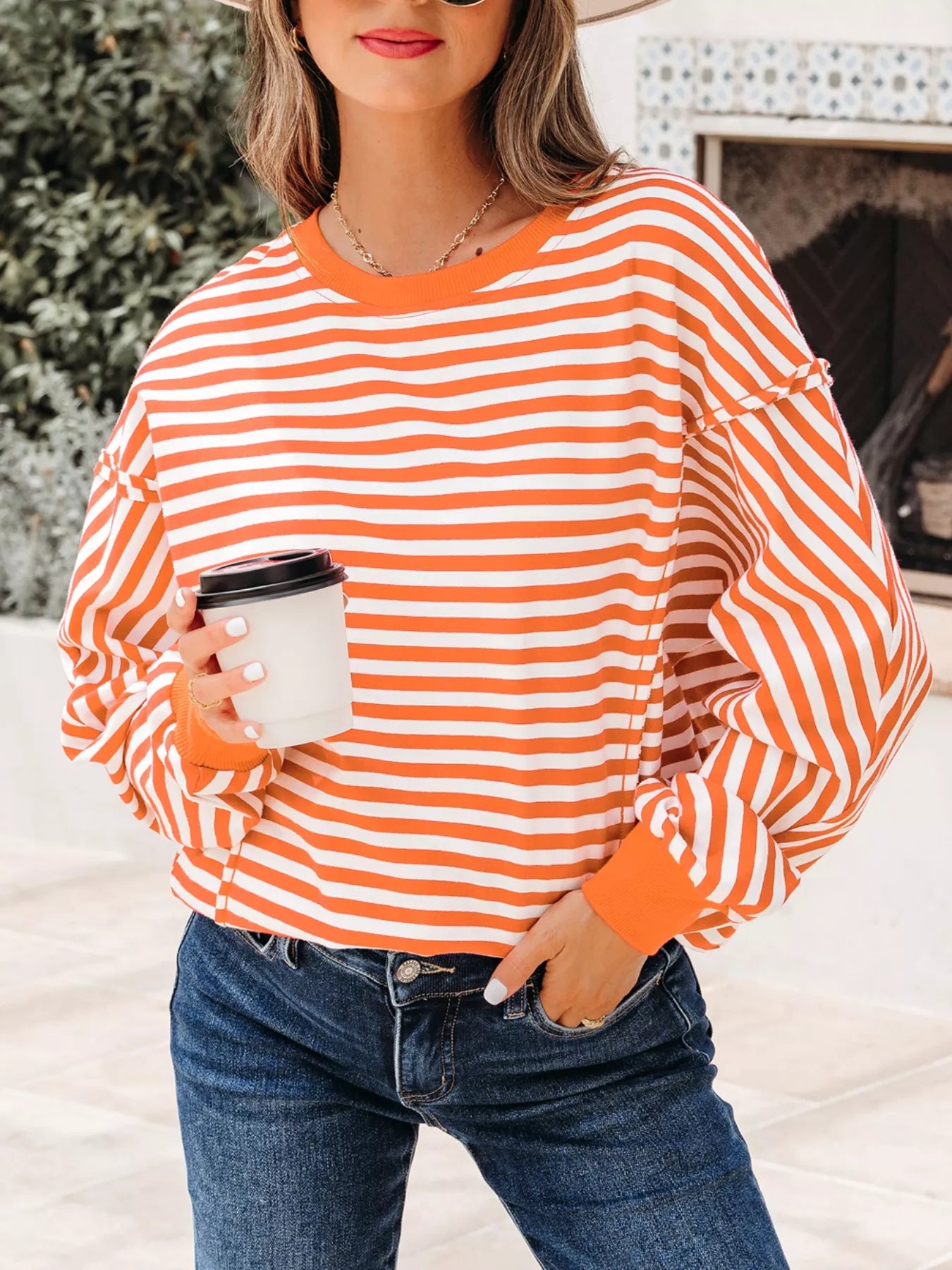 Striped Long Sleeve Casual Sweatshirt OutfitFlow