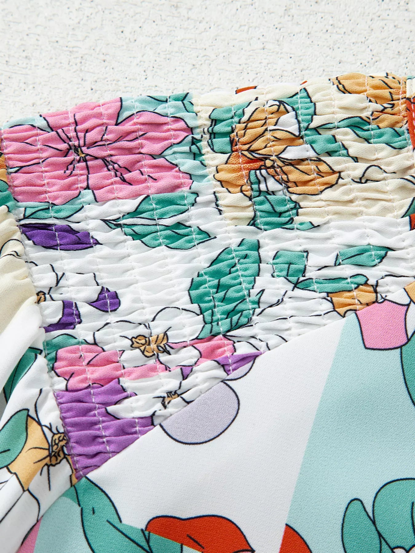 Floral Print Patchwork Frilly Neckline Long Sleeve Shirt Trendsi