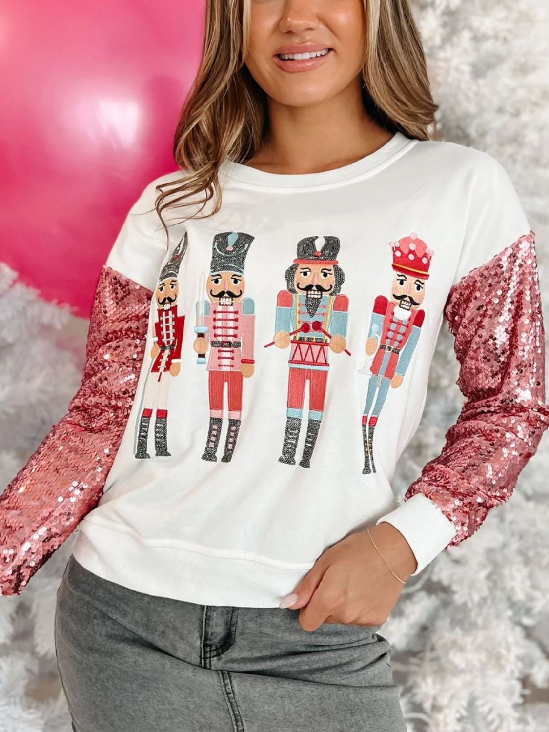 Outfit Flow - Sequin Nutcracker Round Neck Long Sleeve Sweatshirt