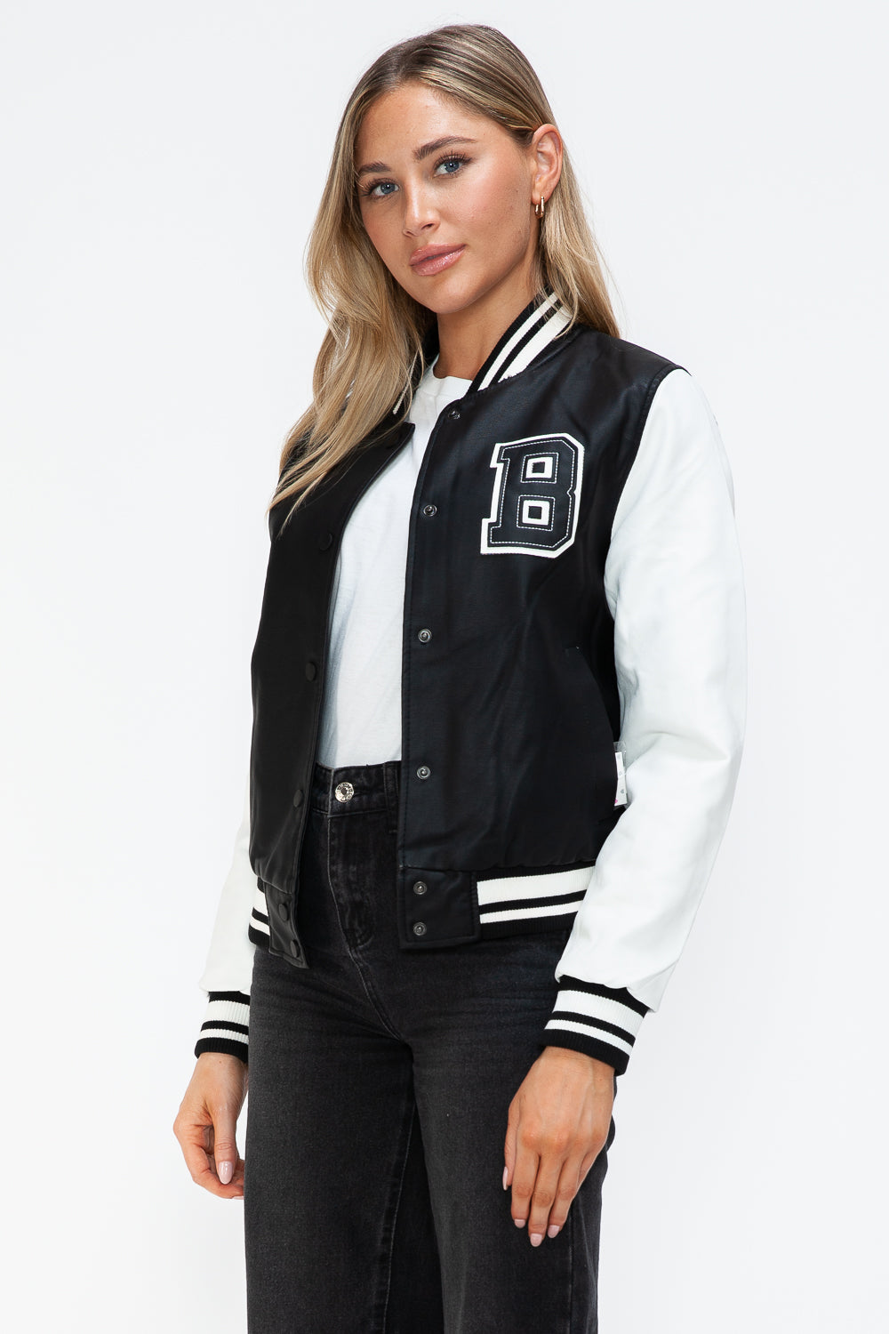 Outfit Flow - Love Me Now PU Leather Contrast Snap Down Bomber Jacket