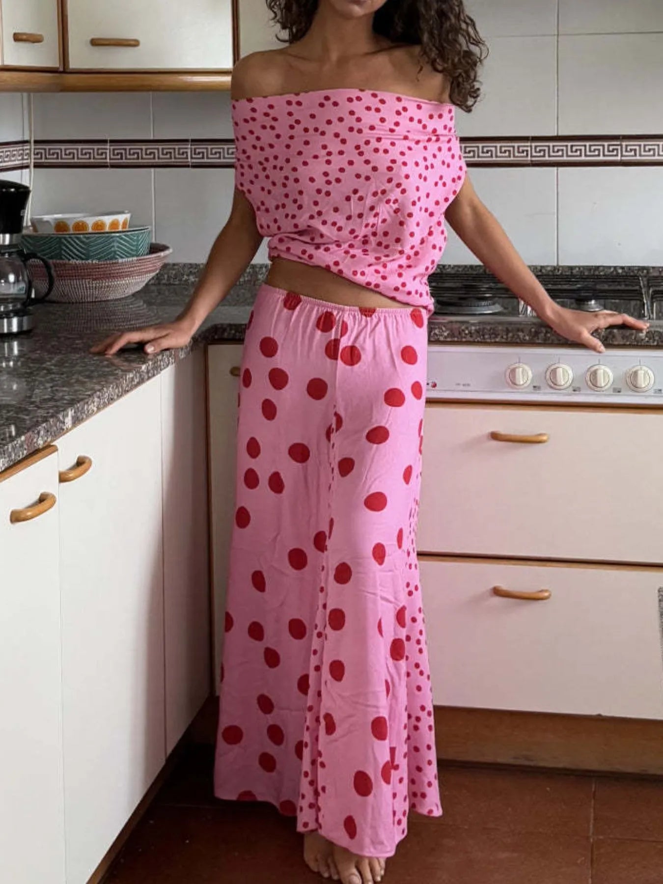 Polka Dot Top and Maxi Skirt Set OutfitFlow