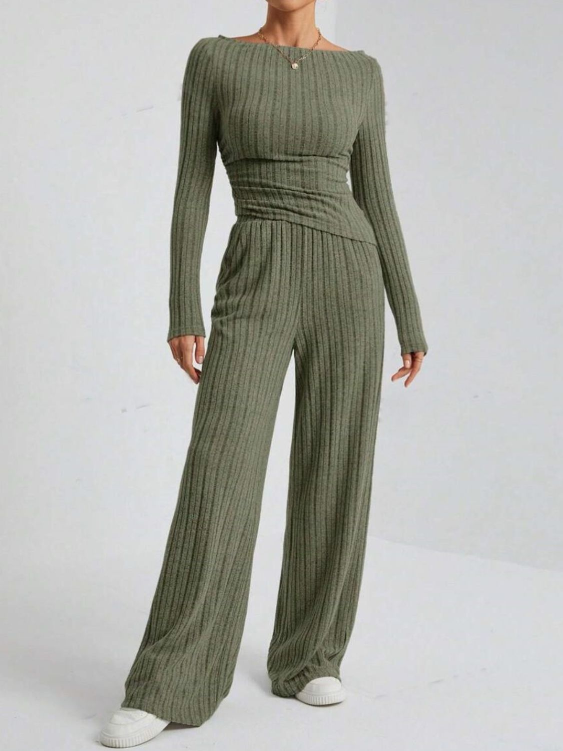 Outfit Flow - Ribbed Off-Shoulder Top and Pants Set