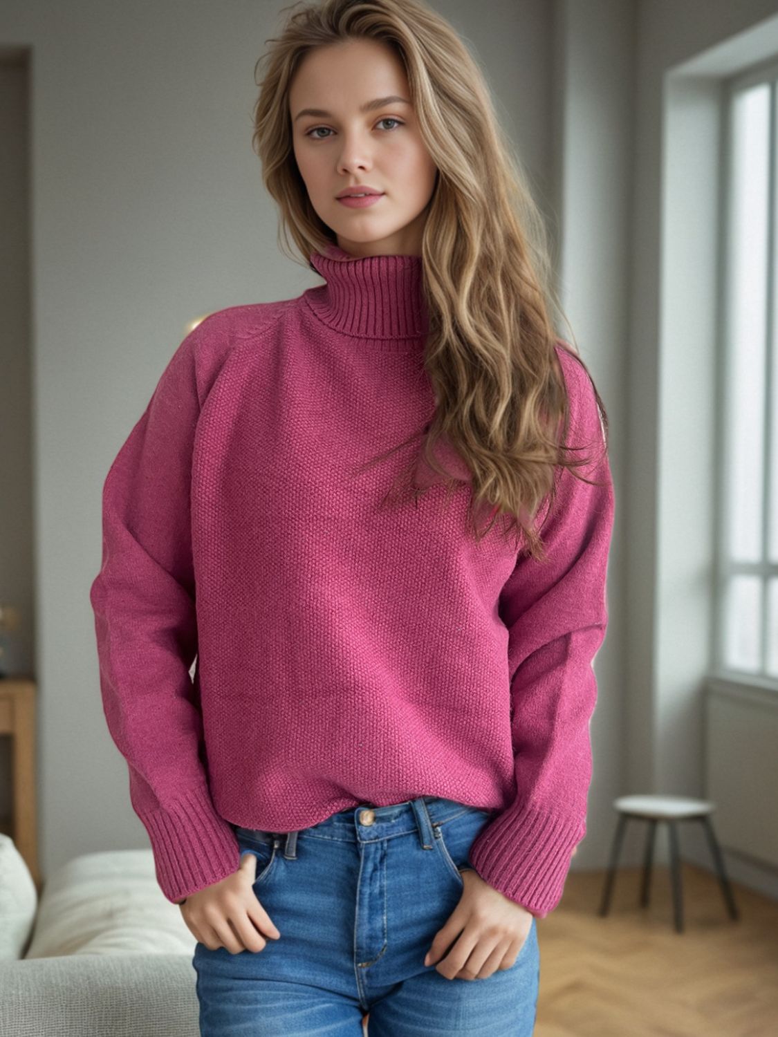 Outfit Flow - Ribbed Turtleneck Raglan Sleeve Sweater